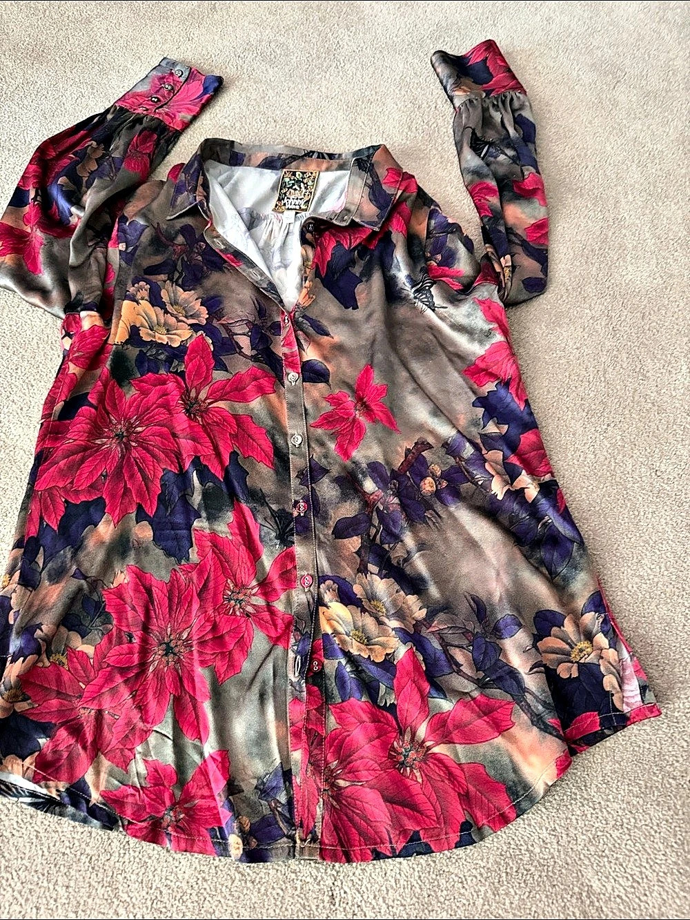 Johnny Was Floral Button Front Top in Loren green with red purple flowers